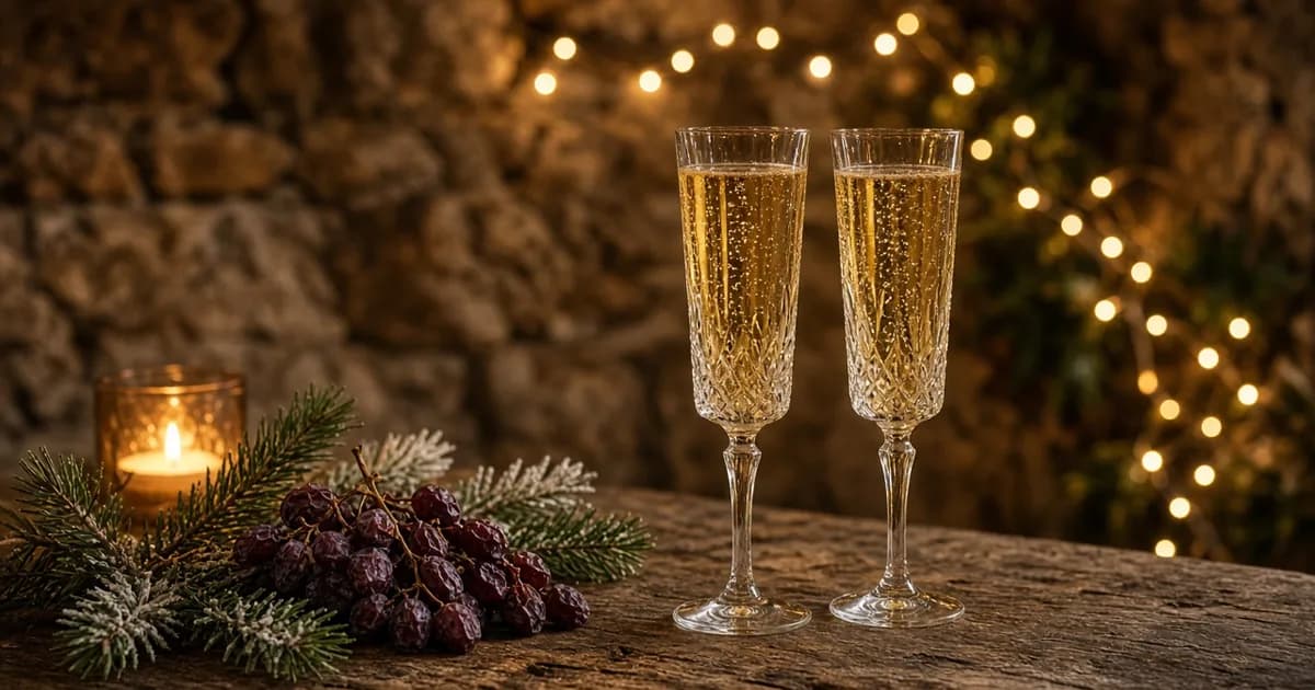 Copas de cava en una mesa de Navidad
